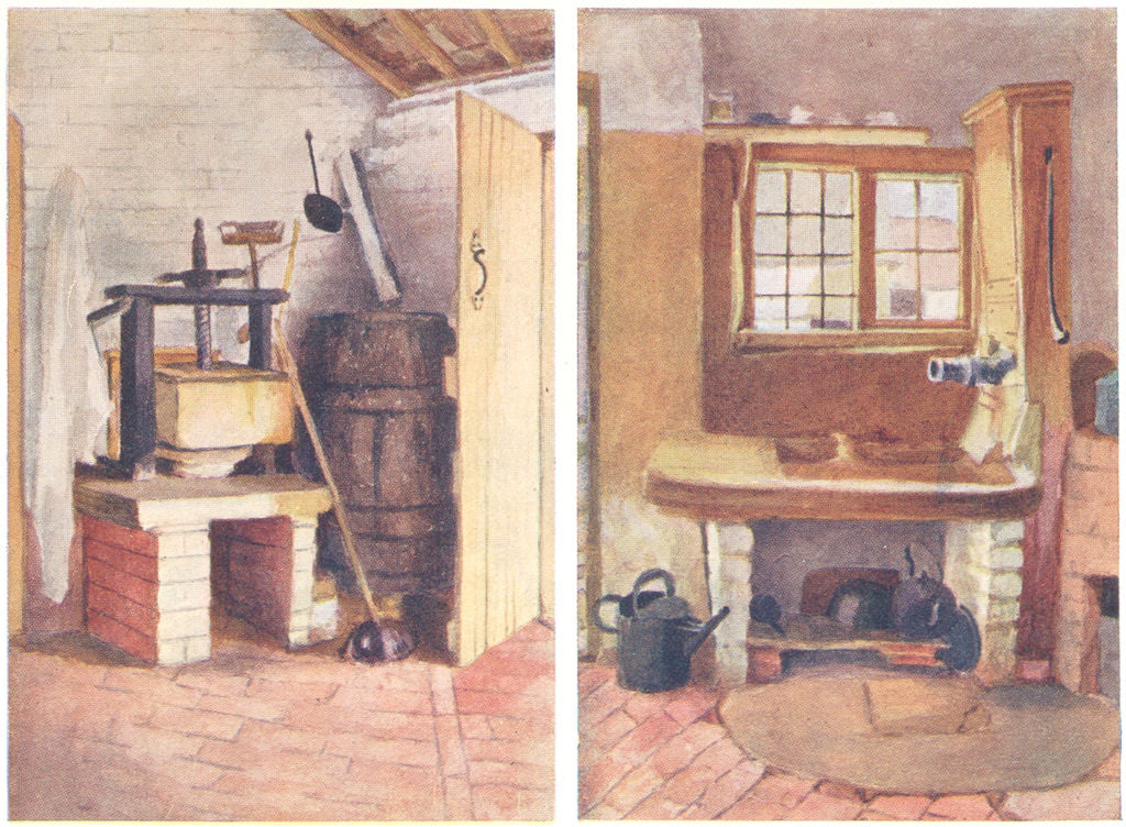 GREENAWAY. Kitchen Pump Cheese Press, Rolleston 1905 old antique print picture